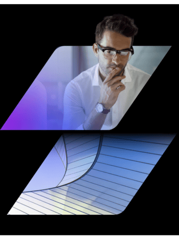 stacked image showing man concentrating with abstract of curved glass building below